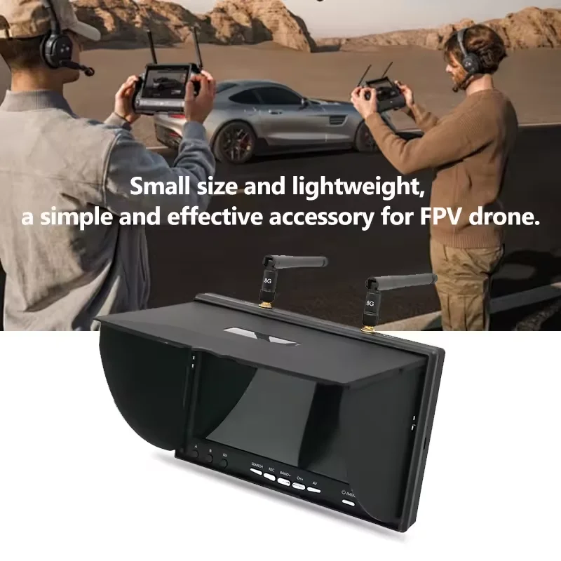 Moniteur FPV 7 pouces 5.8G avec double récepteur diversité et DVR affichant un signal clair sur fond sombre