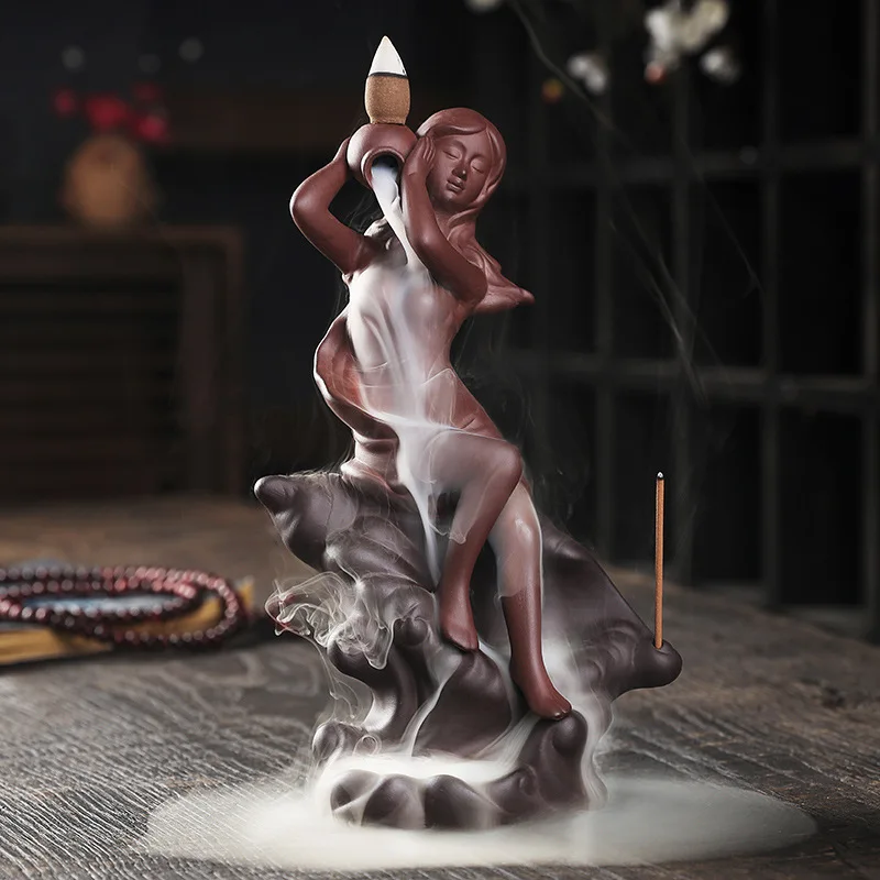 

Home Ornaments Mermaid Ceramic Handicrafts Conch Girl Backflow Incense Burner Stick Holder Purple Clay Censer Decor
