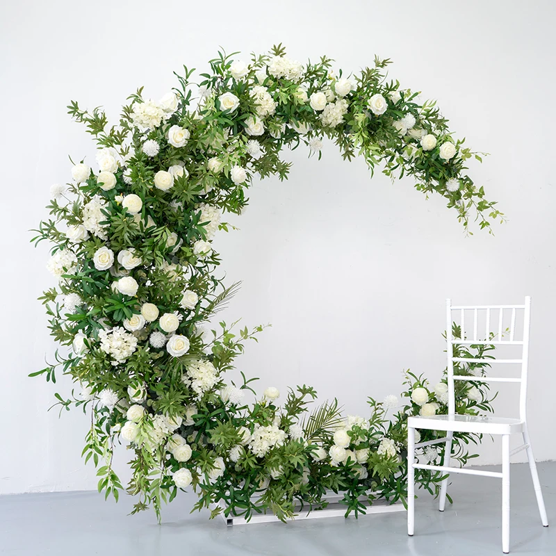 

Elegant Wedding Backdrop Decoration Moon Arch With Artificial Green Plant Rose Hydrange Flower Row For Party Window Site Layout