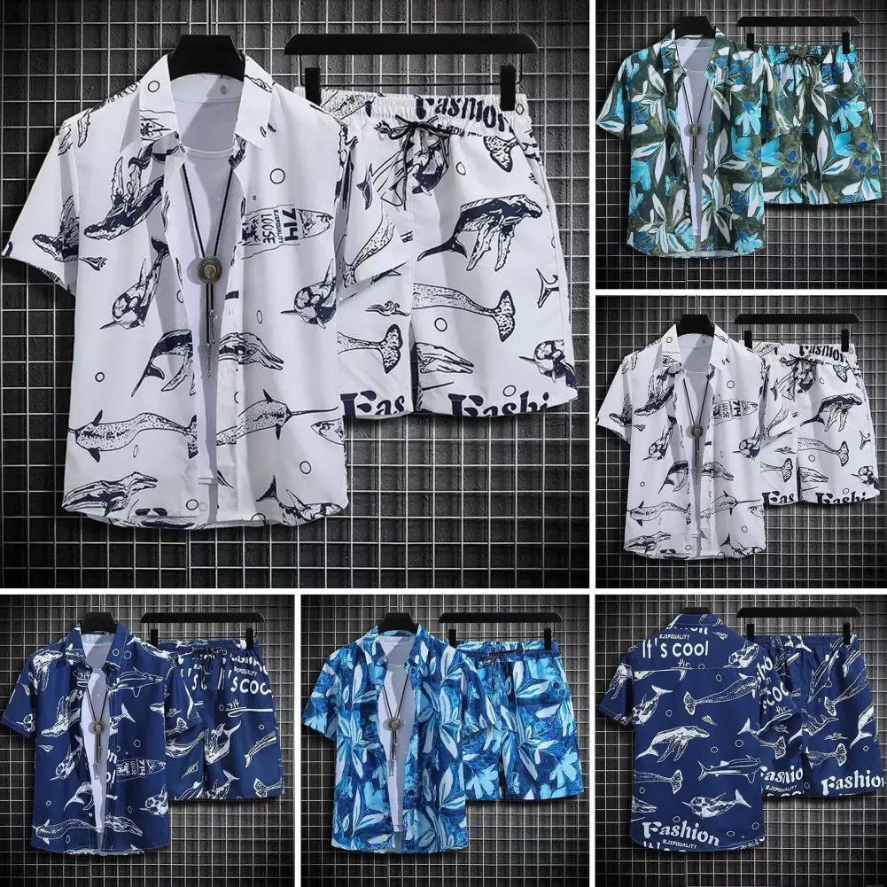 

Print Men Shirt Hawaiian Style Outfit Set with Pattern Shirt Elastic Drawstring Shorts Beach Outfit for Men 2pcs/set Tropical