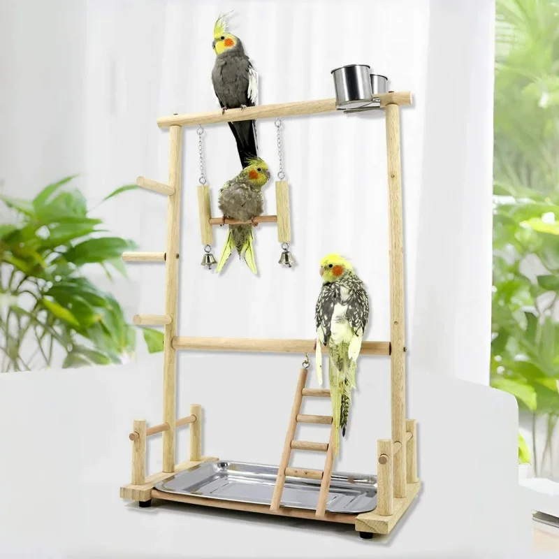 Wooden Bird Swing Toy Birds Parrot Training Perch Stand Playground Climbing Ladder Swing Toys With Bells Bird Supplies Toys