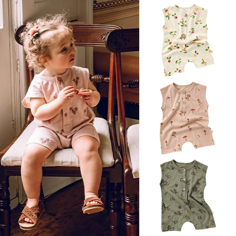 

INS Nordic Style Newborn Baby Pure Cotton Short Jumpsuit Summer Toddler Baby Solid Sleeveless Vest Bodysuits for Outdoor Clothes