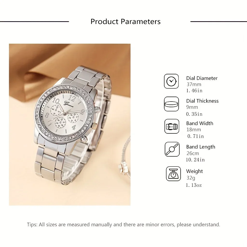 1pc Luxury Rhinestone Quartz Watch Fashion Analog Alloy Wristwatch & 1pc Bracelet, Gift For Women Her