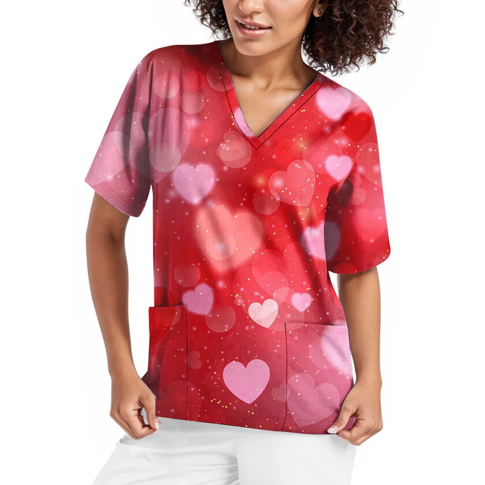 

Beauty Salon Dental Valentines Day Heart Printed Women Short Sleeve V Neck Top Nursed Working T Shirts Blouse With Pockets