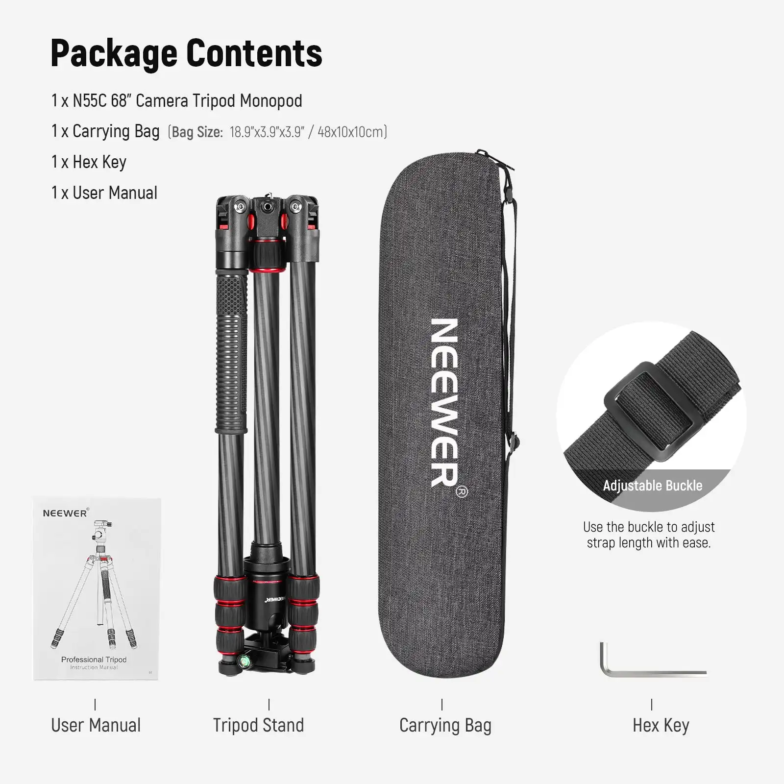 NEEWER N55C 다목적 볼 헤드, 탄소 섬유 모노포드 삼각대, 운반 가방 포함, 360 °, 68 인치