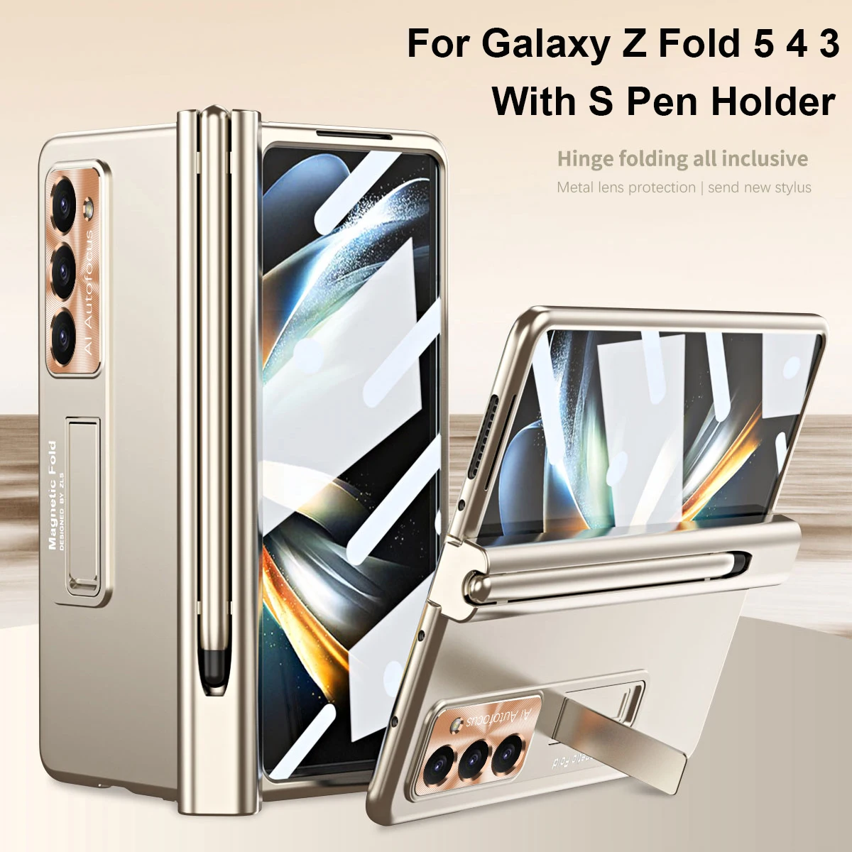 

For Samsung Galaxy Z Fold 5 Case Hinge Armor Plating Magnetic Case Fold 4 3 with S Pen Holder Kickstand 360 Full Protector Cover