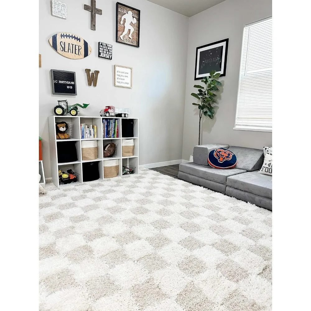 Atira Contemporary Checkered Fluffy Shag Area Rug-Modern Geometric Carpet Tiles for Living Room, Kids Room, Nursery