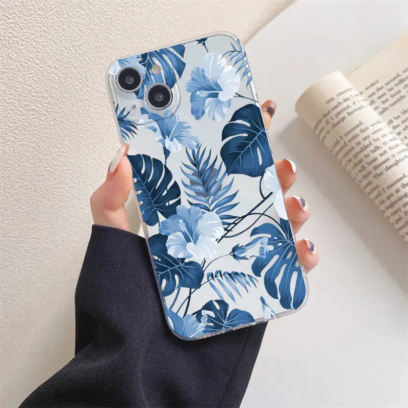 Floral Palm Leaf Painted Soft Silicone Phone Case - Ultra Clear and Durable Design