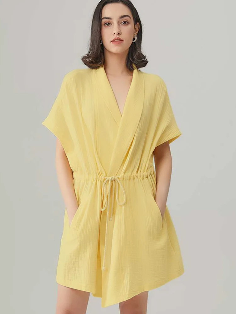 LinadYellowBathrobeFemaleCottonShortSleeveVNeckSleepwearLoose