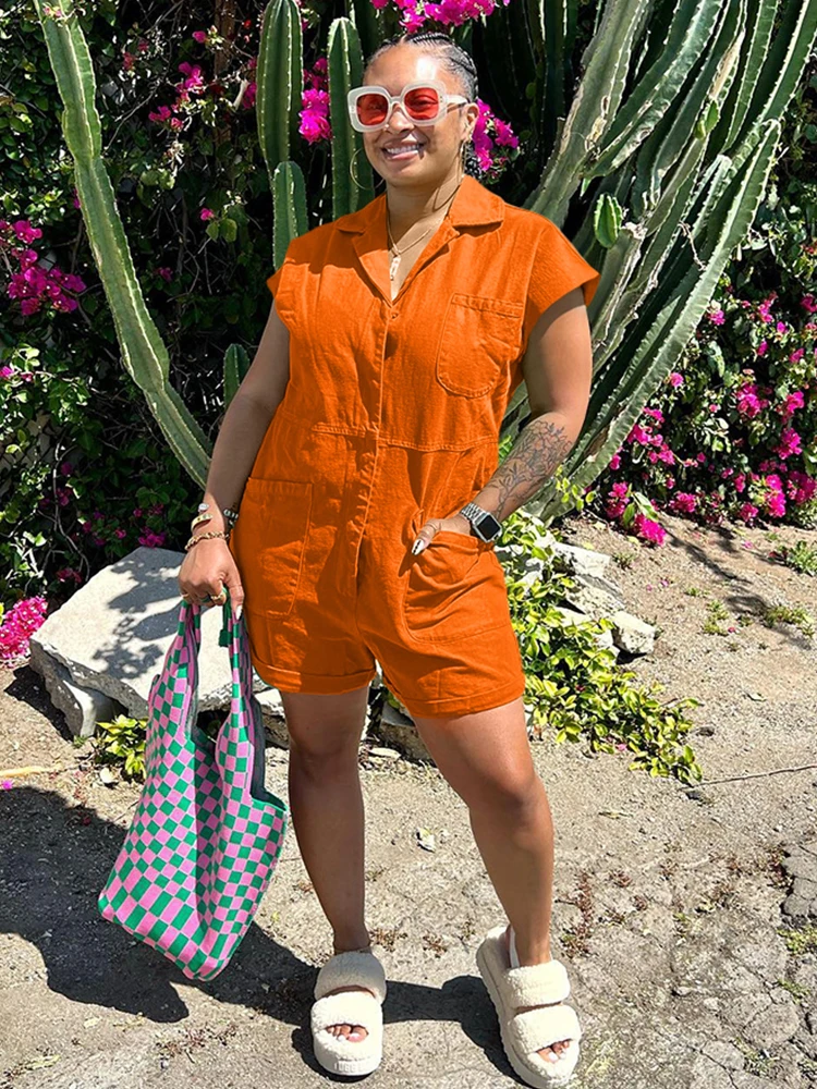 

Casual Solid Rompers Womens Jumpsuit Safari Style Short Sleeve Turn Down Collar Playsuits Young Style Pocket Front Biker Outfits