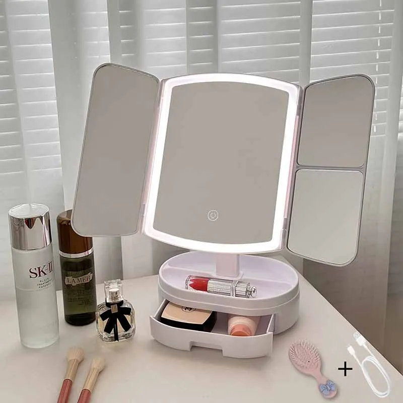 Led Lighted Makeup Mirror Handheld Foldable Dressing Table Mirror