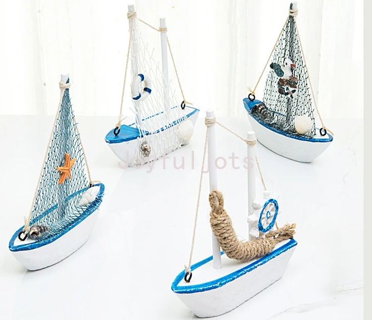 

14CM Sailboat Crafts Ornaments Mediterranean Style Wooden Sailboat Model Cake Baking Ornaments