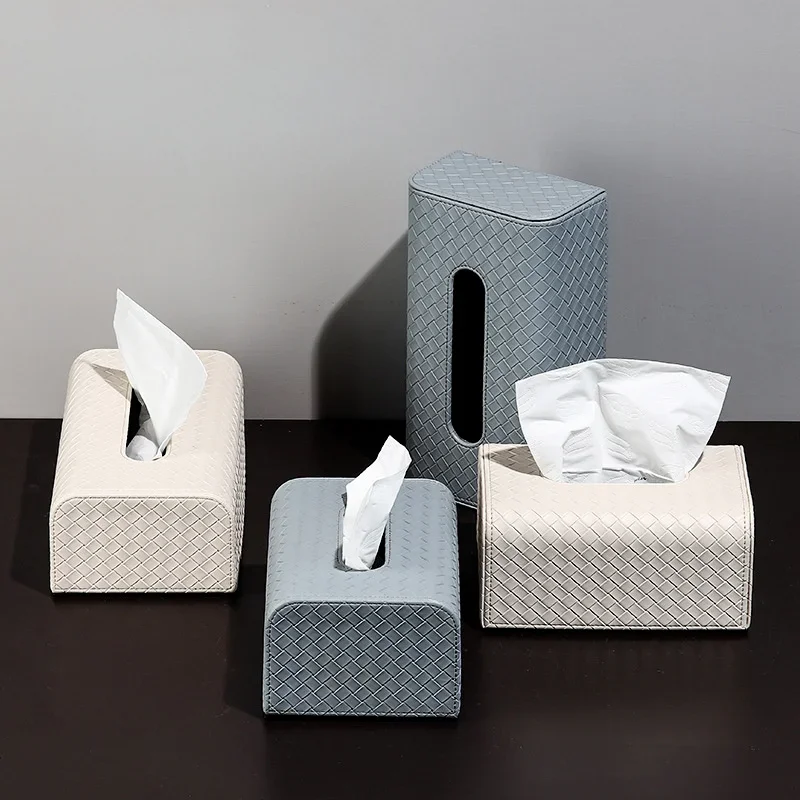 Rectangle Leather Tissue Box Creative Woven Grid Imitation Leather Extractable Tissue Box Home Bedroom Living Room Decoration 3