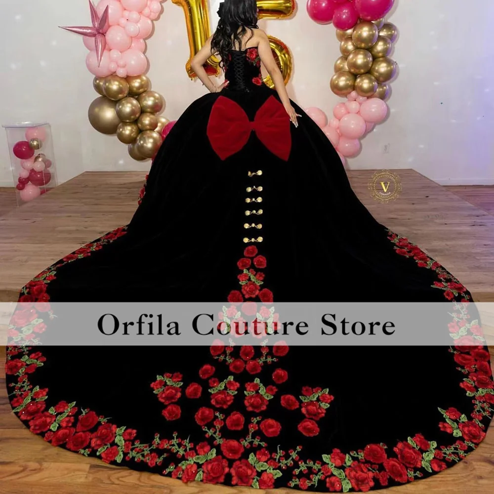 Фото Красные черные платья с вышивкой Quinceanera Мексики Charra XV многослойное атласное с коротким рукавом милое 15 платье на день рождения Одежда для выпускного вечера №2