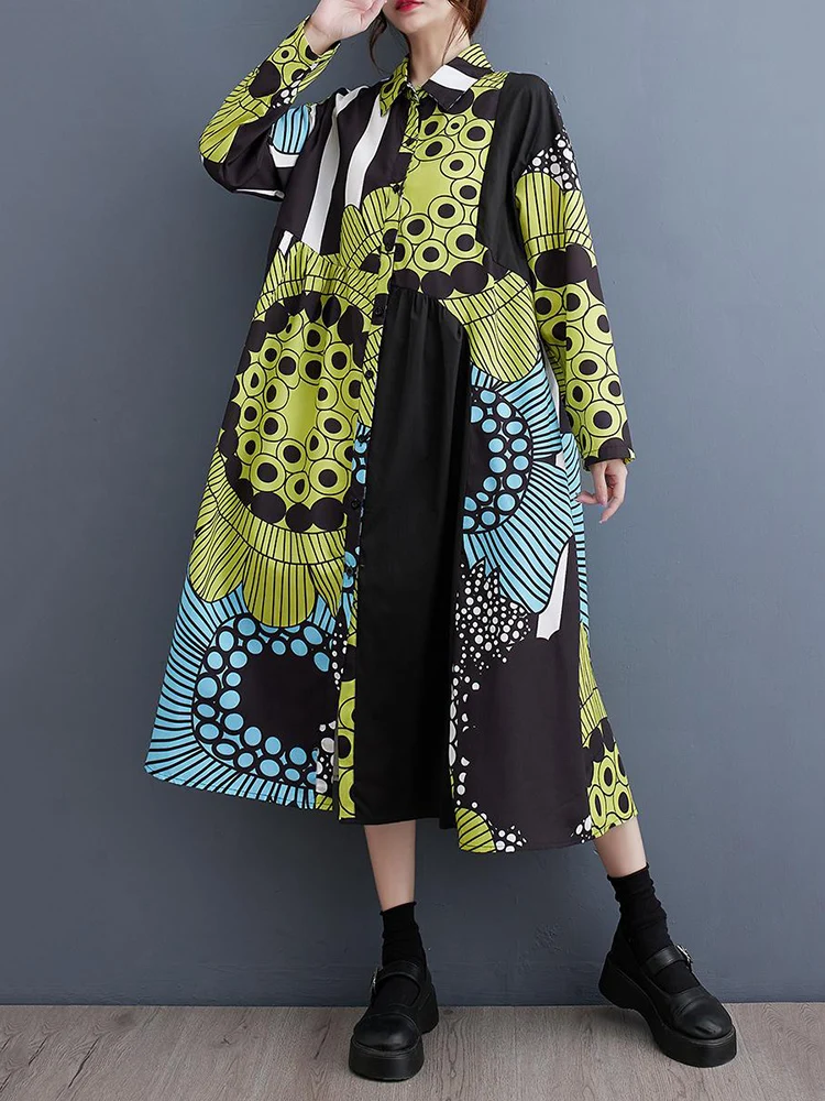 Long Sleeve Vintage Pattern Print Shirt Dresses For Women New Loose Casual Midi Dress Fashion Elegant Clothes Spring Autumn 2025