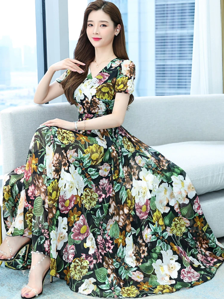 

2023 Party Maxi Chiffon White Floral Dress Beach Casual Tunics Women Summer Korean Fashion Bodycon Elegant Evening Black Dress