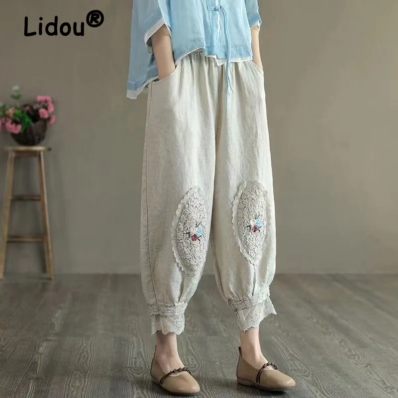 Women Retro Harajuku Y2K Lace Embroidered Cotton Linen Ankle Length Pants Summer Fashion Loose Elastic Waist Trousers Pantalones