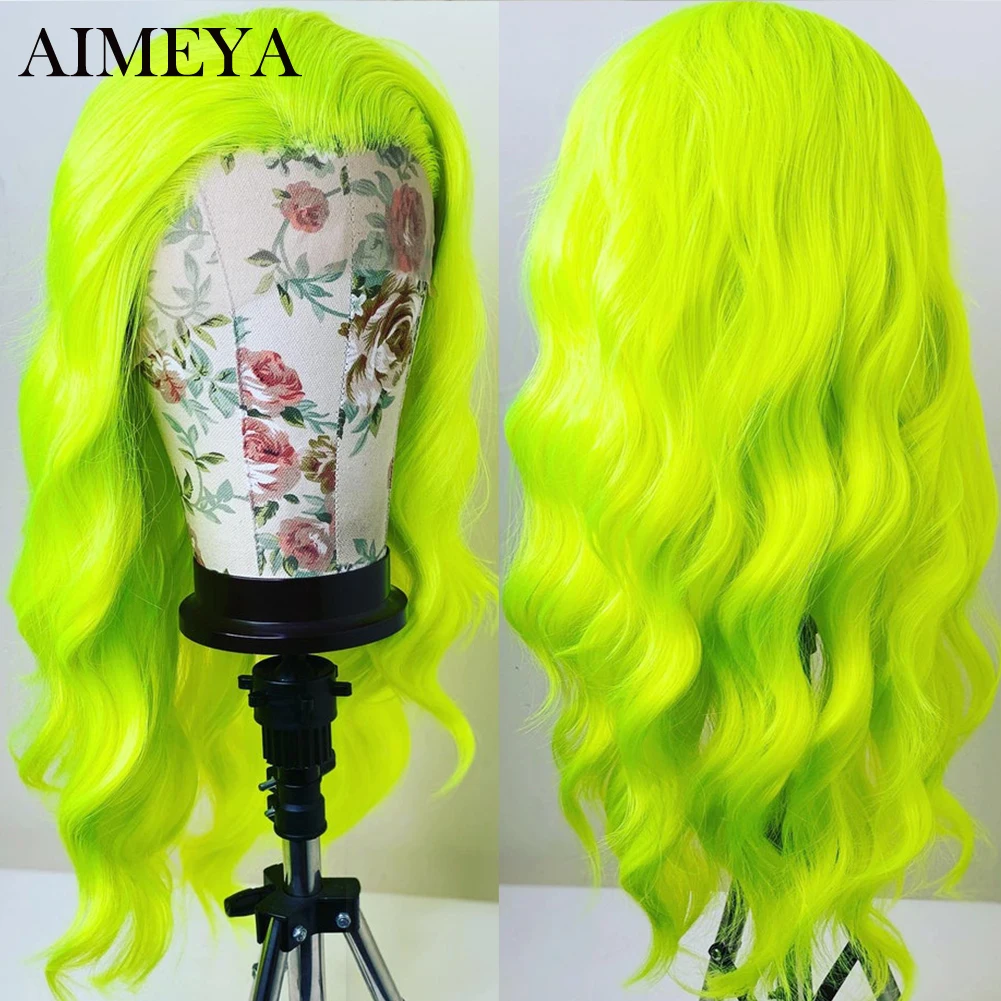 AIMEYA Green Synthetic Lace Wigs for Women Body Wave Lace Front Wig Heat Resistant Synthetic Wig Natural Hairline Wigs lace front wig lace wig