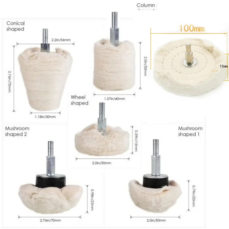 6PCS Polished Cotton Wheel Cylindrical Mushroom Cone T-shaped Waxed White Cotton Wheel Polishing Pad Mop for Car Polisher Drill car polishing pad car polish pad polishing wheel disc