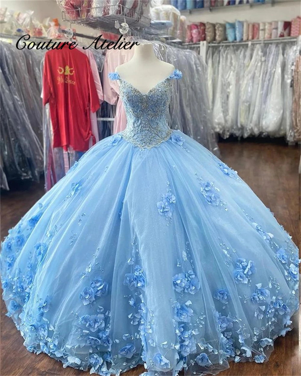 3d Flowers Sky Blue Quinceanera Dresses Ball Gown Birthday Party Dress