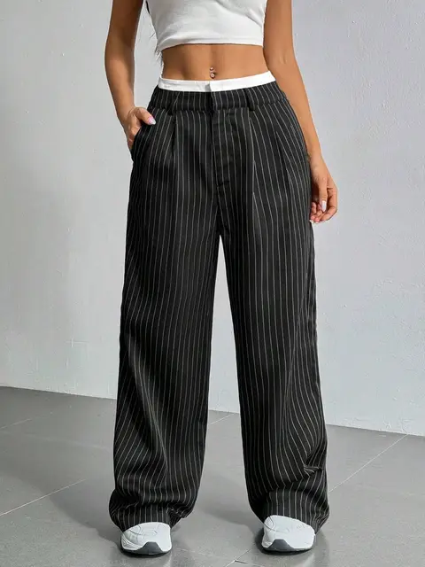 Women's Straight Leg Pinstripe Trousers High Waist Office Business Pants Casual Striped Dressy With Pockets