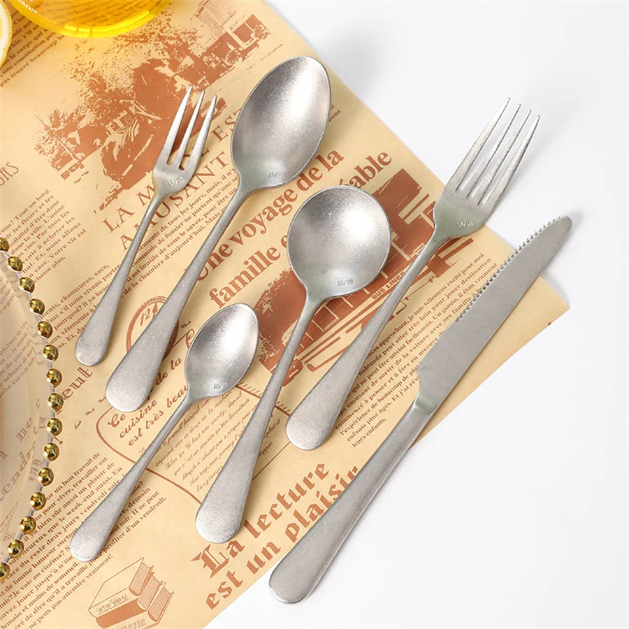 Vintage Tableware 304 Stainless Steel Knife Fork Spoon Dessert Main Meal Tea Pastry Tableware