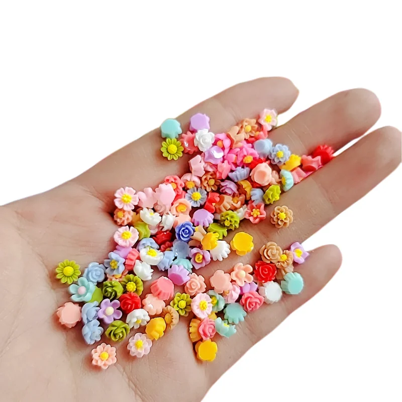 6mm Resin Mini Nail Sunflower Daisy Rose Flowers Flatbacks DIY Crafts Cabochon Dollhouse Headwear Accessories Decorations 100pcs