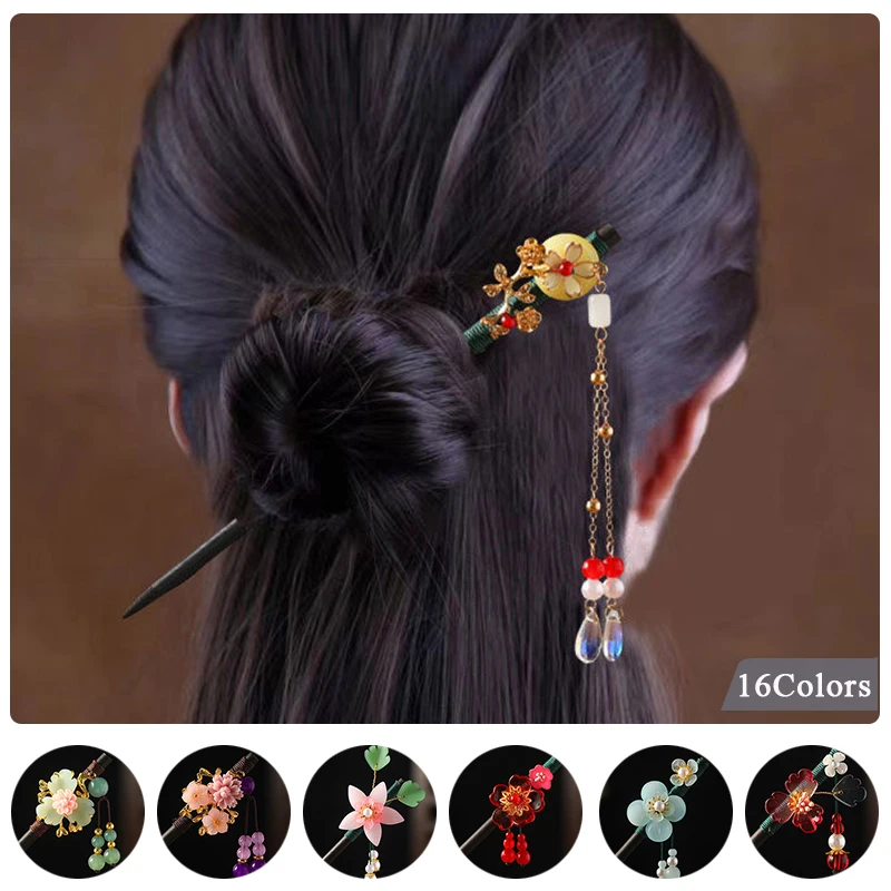 Flower Hairpins Handmade Luxury Vintage Wood Chinese Hair Sticks for Women Jewelry Accessories