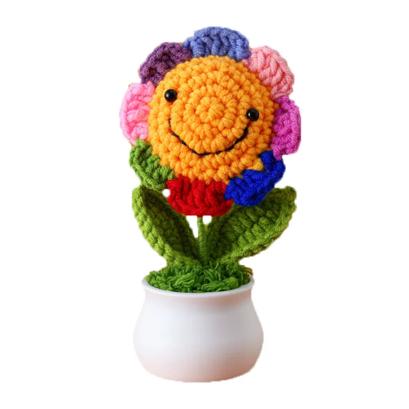 Finished Hand-Crochet Colorful Smiling Sunflower Handwoven Pot Flower Plant Cute Handmade Gift Home Desktop D&eacute;cor Car Decoration