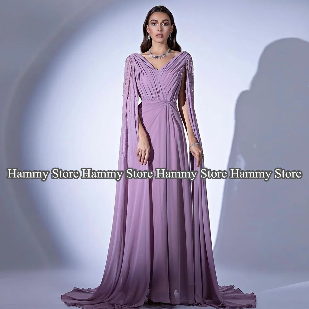 

Lilac Evening Dress Saudi Arab Prom Dresses V Neck Pleat Beading Chiffon Cape Floor Length Chiffon Arabic Party Gown Custom Size