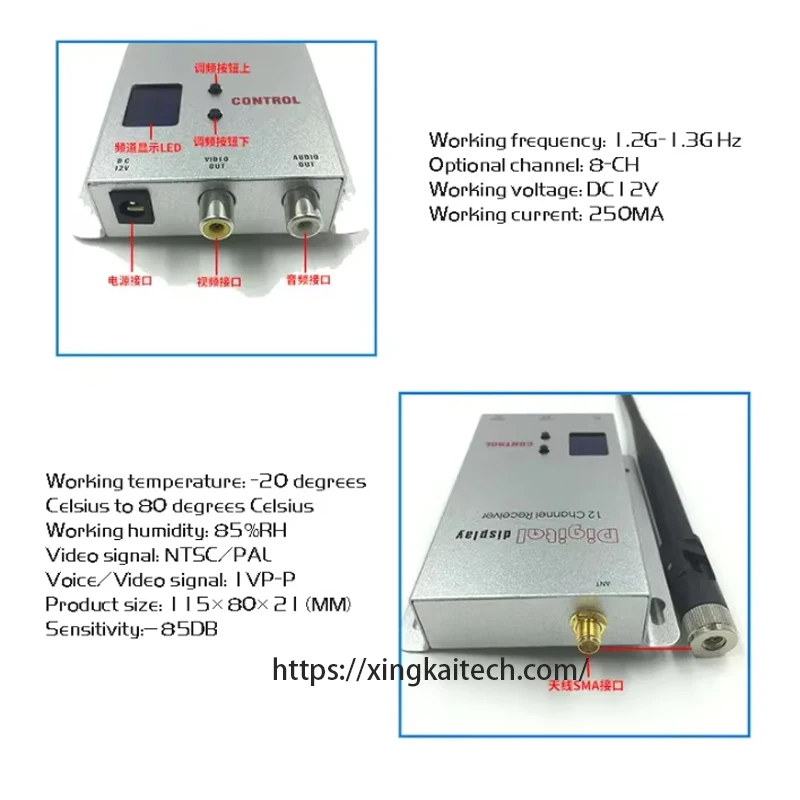 Émetteur-récepteur numérique 1.2G 1.5W/5W avec affichage, connecté à une batterie et une antenne.