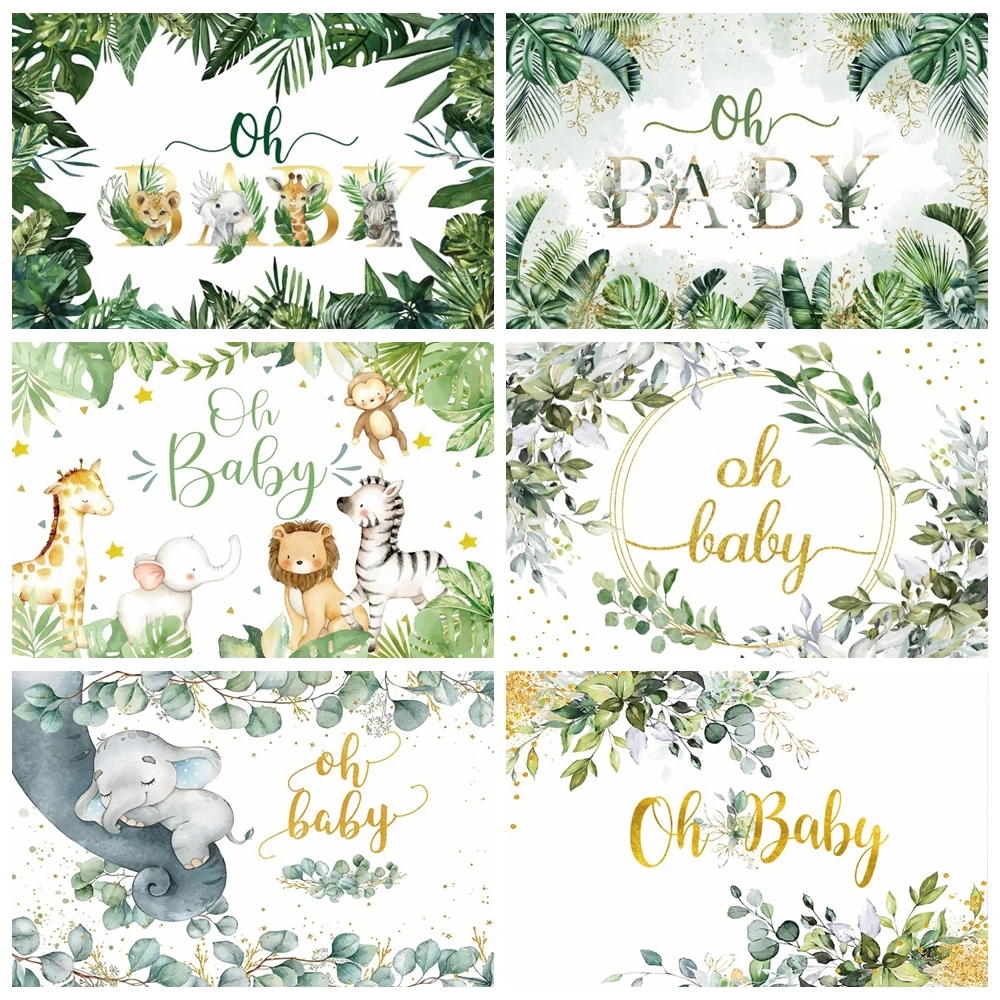 Oh Baby Baby Shower Backdrop Newborn Kids 1st Birthday Party Green Leaves Floral Cake Smash Photography Props Background Banners