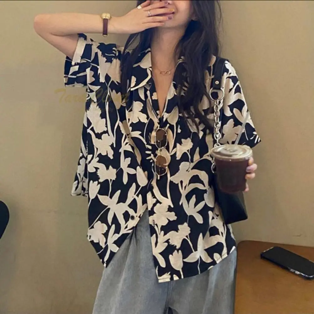 

Vacation Flower Blouse Classic Spring Summer Button Up Hawaii Shirt Turn-down Collar Tunic Tops Travel
