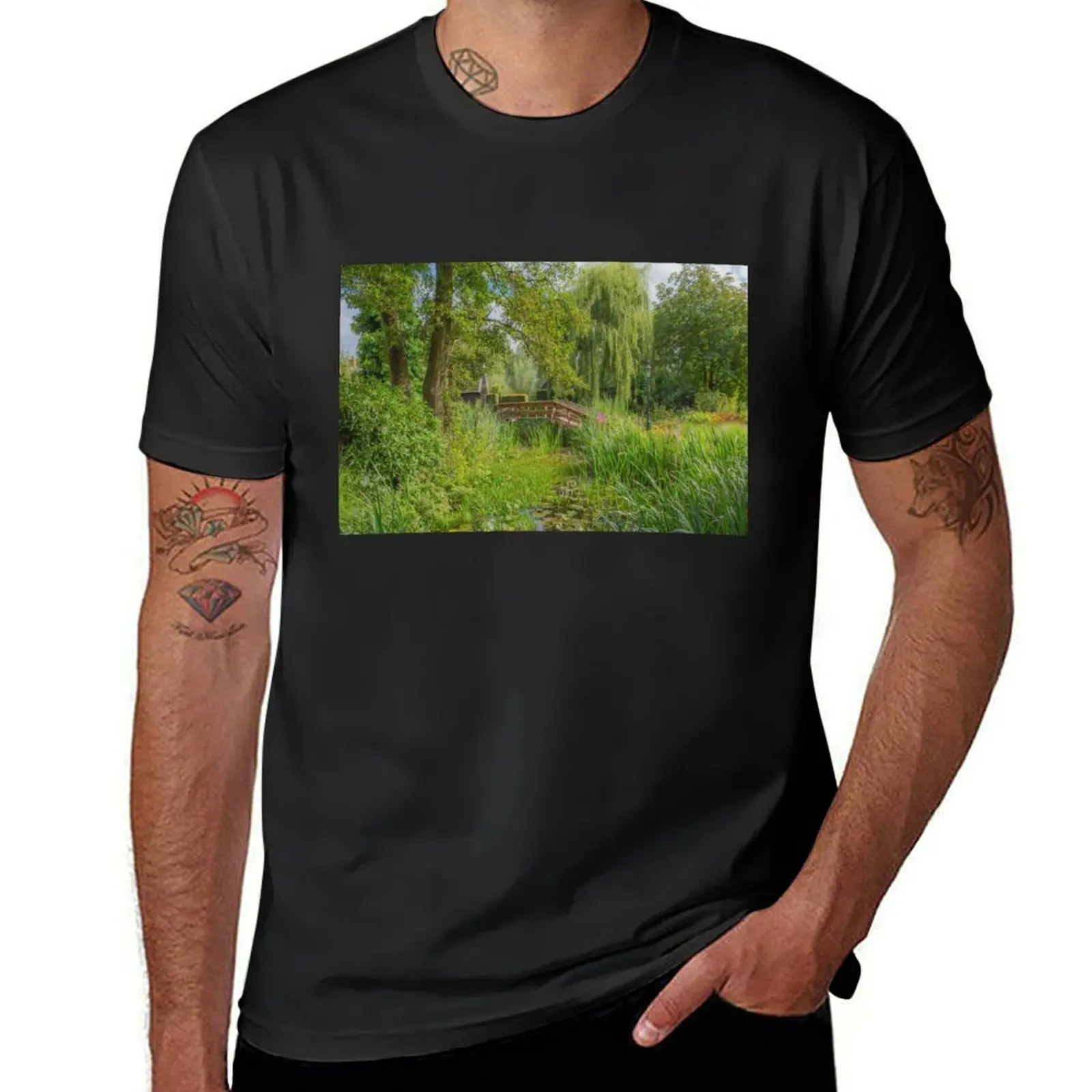

Colorful spring garden with bridge over pond T-shirt customs design your own for a boy Short sleeve tee t shirt men