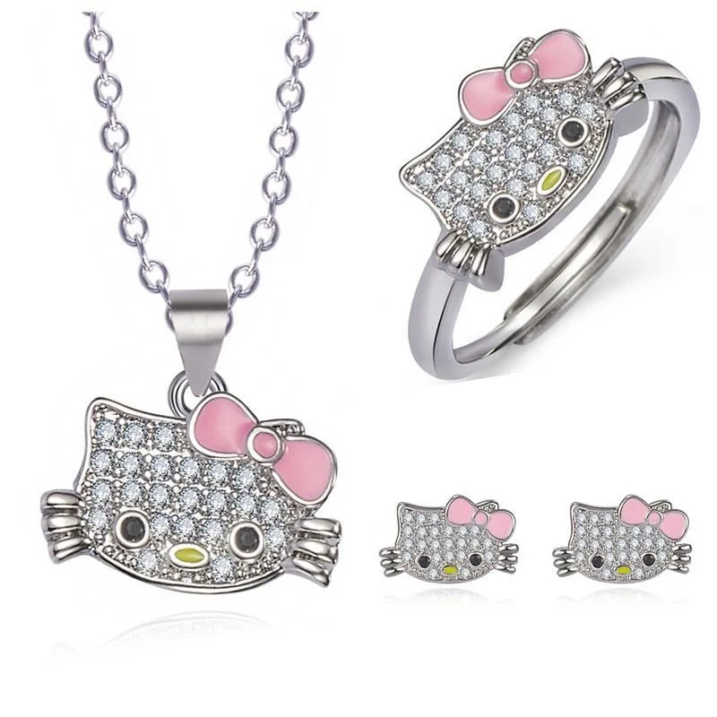 

Sanrio Hello Kitty Trendy Cute Couple Ring Stud Necklace Set Cartoon Anime Pattern Adjustable Girlfriend Girl Birthday Gifts