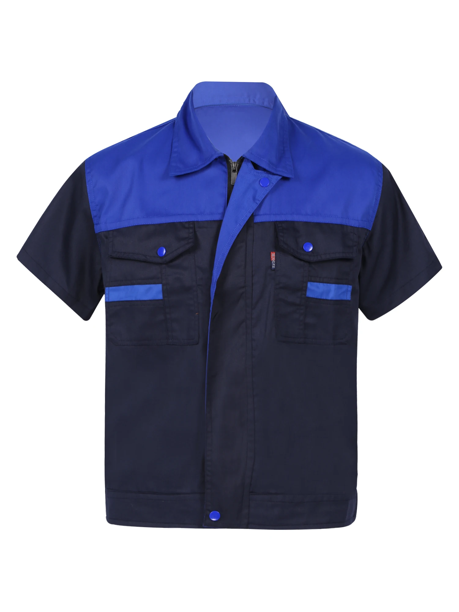 Mens Factory Work Shirt Uniform Short Sleeve Turn-Down Collar Workwear Motor Mechanic Repair Workshop Two-pocket T-shirts Tops