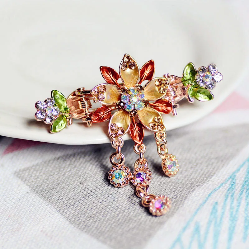 Vintage Enamel Flower Hair Claw Jewelry Charm Rhinestone Hair Clip for Women