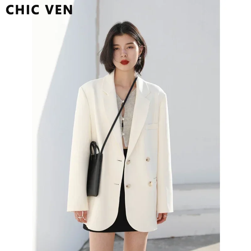 CHIC VEN 2021 Fashion Women's Blazer Office Lady Long Sleeve Double-breasted Mid-length Casual Coat Ladies Outerwear Stylish Top