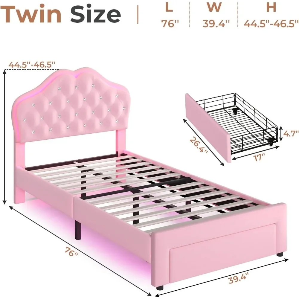 Twin Size Bed Frame with Storage Drawer, LED Lights, Adjustable Headboard with Velvet Crystal Button, Upholstered Platform Bed 2