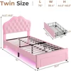 Twin Size Bed Frame with Storage Drawer, LED Lights, Adjustable Headboard with Velvet Crystal Button, Upholstered Platform Bed 2