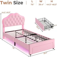 Twin Size Bed Frame with Storage Drawer, LED Lights, Adjustable Headboard with Velvet Crystal Button, Upholstered Platform Bed 2