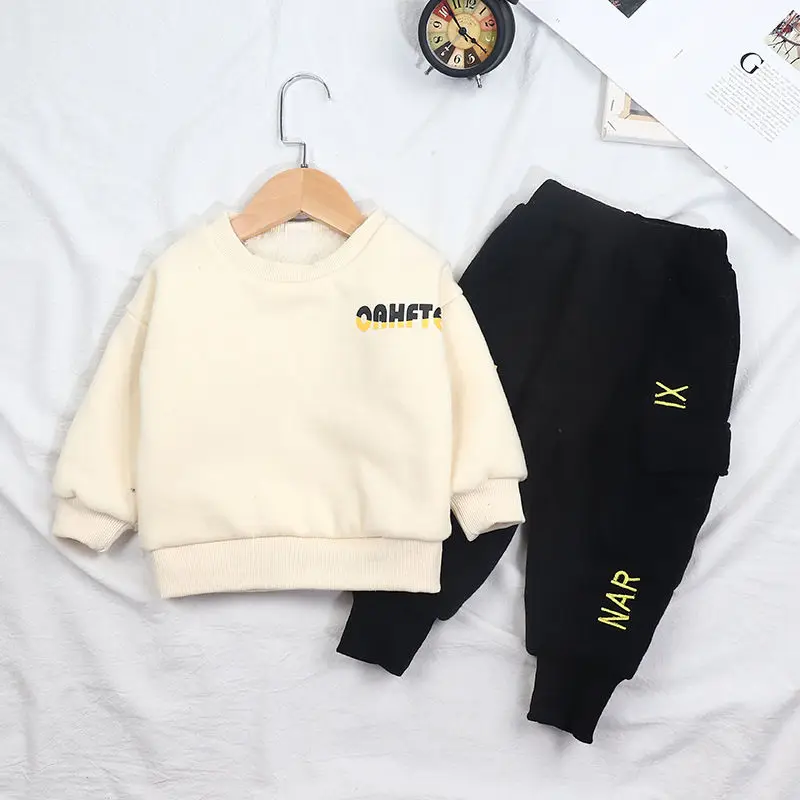 

Children's clothing set new clothing for infants and girls thickened and plush letter sweaters two-piece clothing set