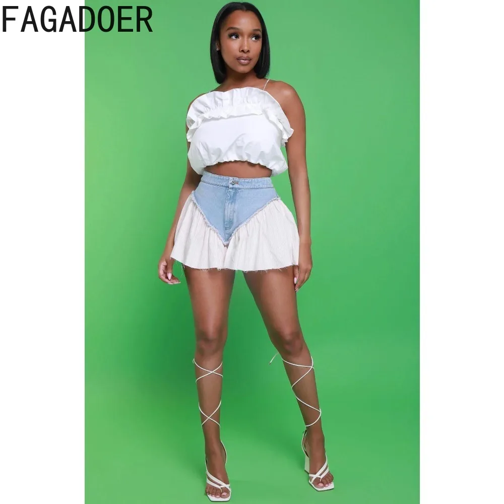 FAGADOER Fashion Streetwear Women Denim Splicing High Waist Button Shorts Casual Female Solid Color Elastic Cowboy Bottoms 2023
