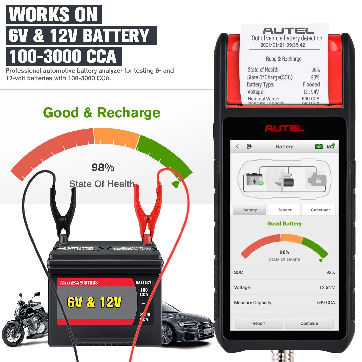 Autel MaxiBAS BT608 Intelligent Battery Health Cold Cranking Ability Electrical System Diagnostics Upgraded BT508/ BT506