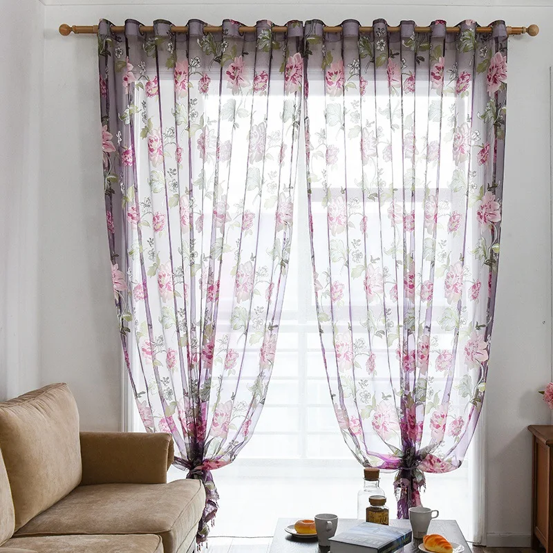 

Vintage Purple Flower Printed Sheers Modern Style for Living Room Bedroom Tulle Light Filtering