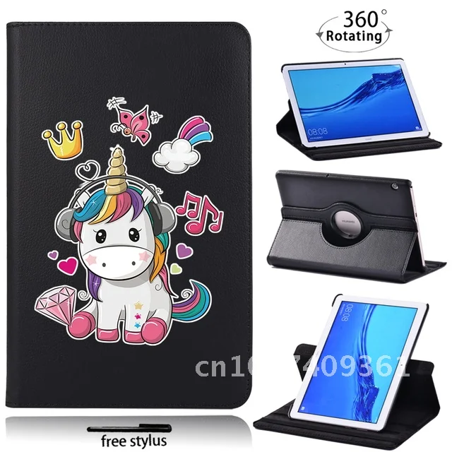 

Rotating Stand Tablet Case For Huawei MediaPad T3 10 9.6"/MediaPad T5 10 10.1" Cute Unicorn Leather Protective Cover + Stylus