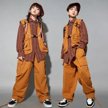 Costume da bambino per bambini, camicia a righe, gilet marrone, pantaloni hip-hop, abiti da ballo jazz per ragazze, abbigliamento streetwear per ragazzi