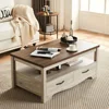 Wood Coffee Table for Living Room, Open Display Area and Storage Drawers with Metal Handles, Chic Style with Curved Base 2