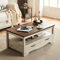 Wood Coffee Table for Living Room, Open Display Area and Storage Drawers with Metal Handles, Chic Style with Curved Base 2