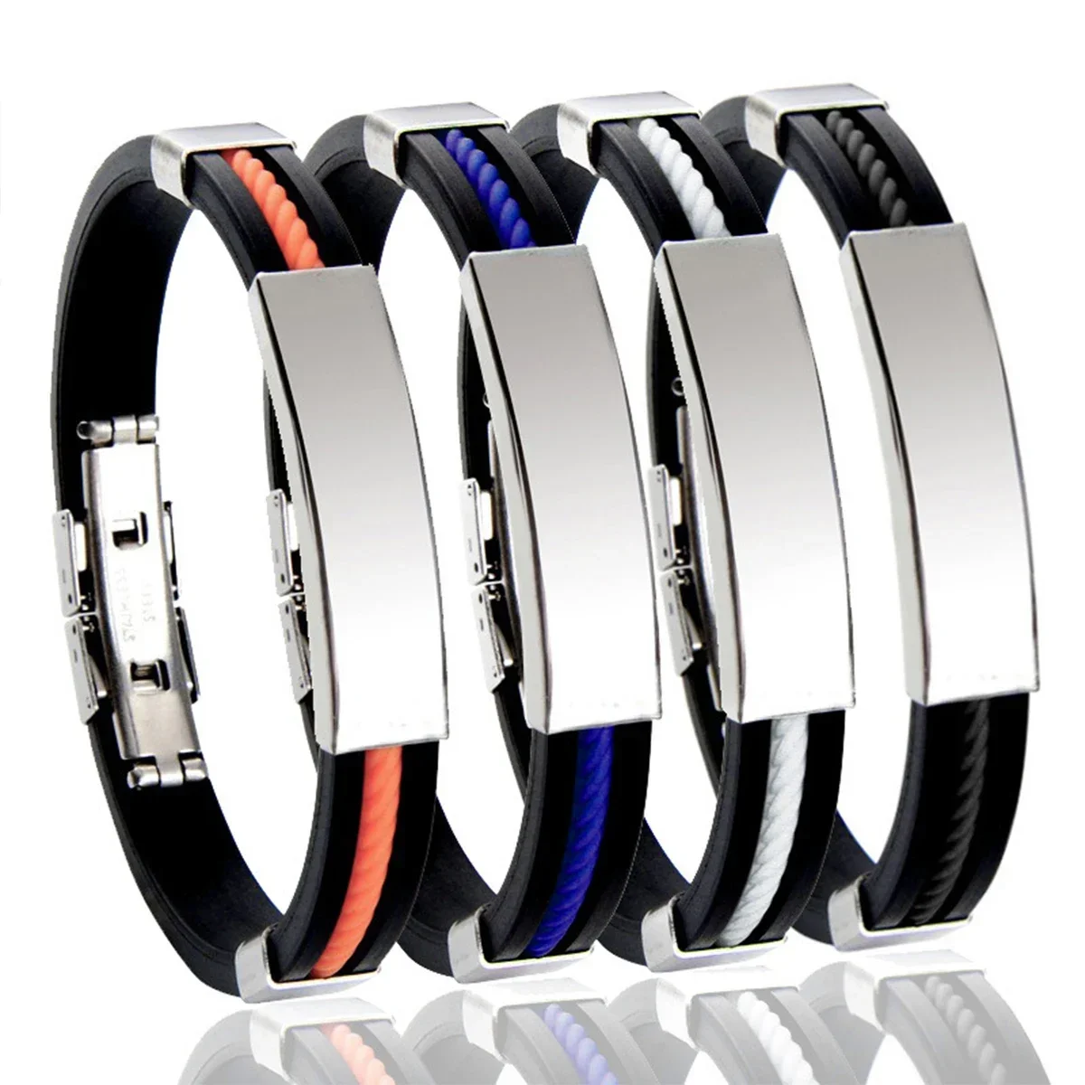 Fashion Bracelets Vintage Black Rubber Wristband Silicone Stainless Steel Men Bracelets Bangles Jewelry